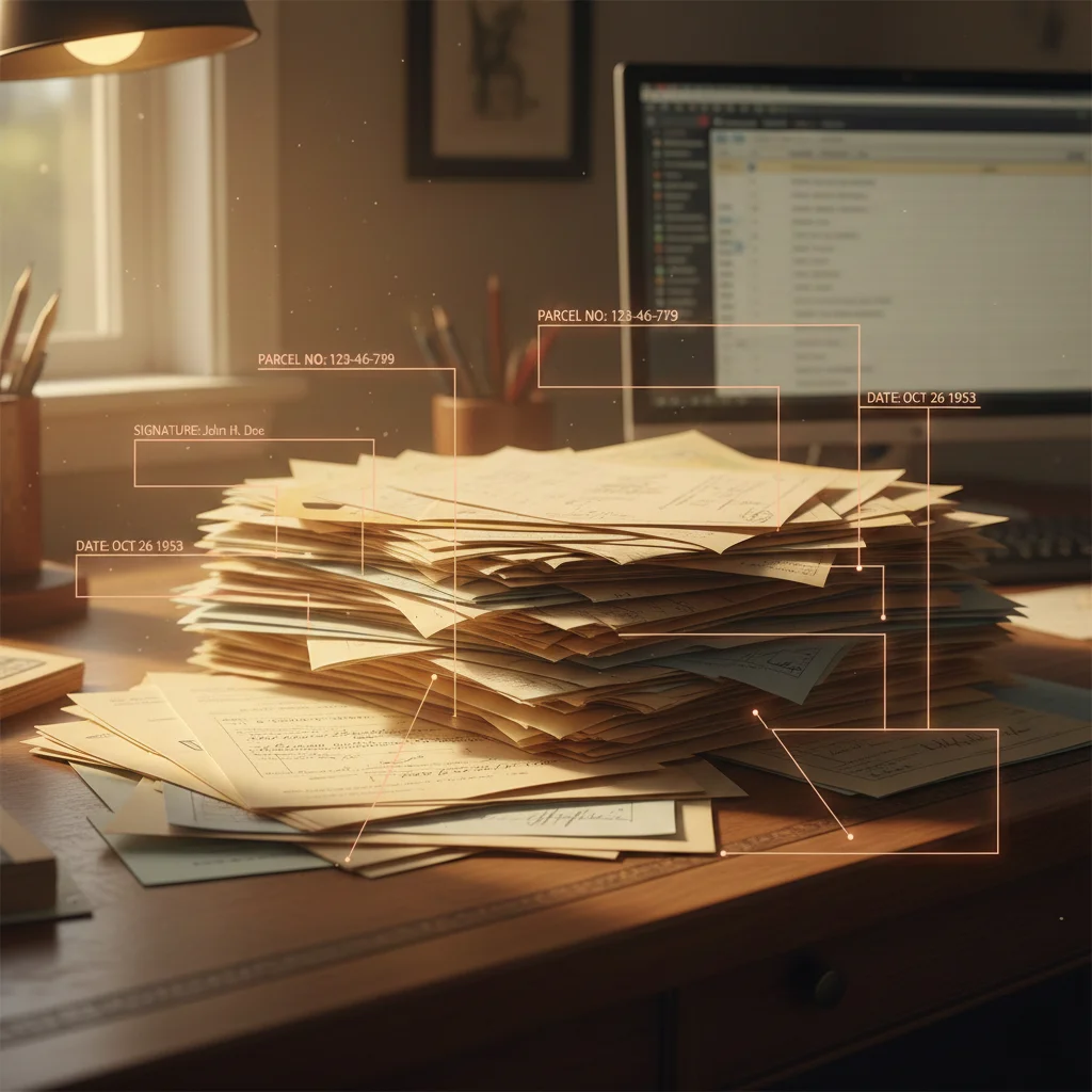 Stack of documents being processed with OCR