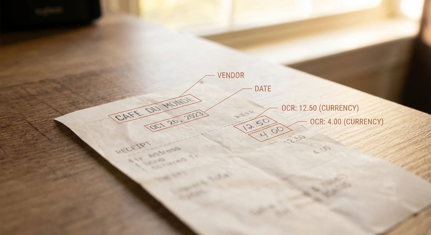 Receipt with OCR annotations extracting vendor and amount